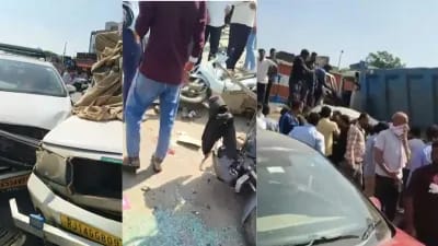 जयपुर में डंपर हादसा, कई वाहन क्षतिग्रस्त और लोग घायल।