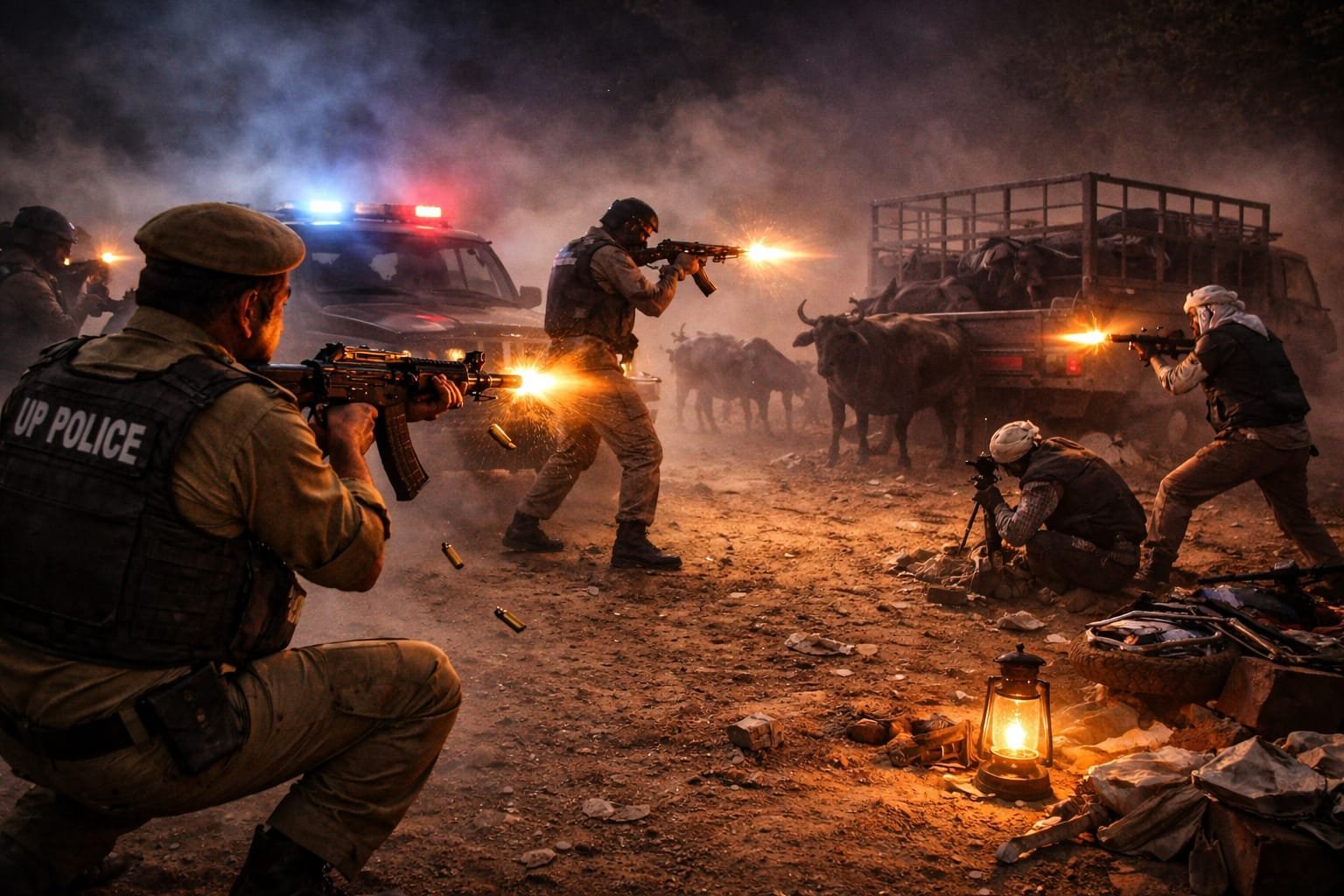 सोनभद्र में देर रात पुलिस–गौ तस्करों की मुठभेड़, दो बदमाश घायल, 9 गौवंश मुक्त