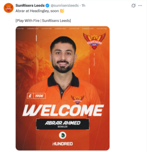 Hundred League Auction 2.34 करोड़ में सनराइजर्स लीड्स से जुड़े पाकिस्तानी स्पिनर