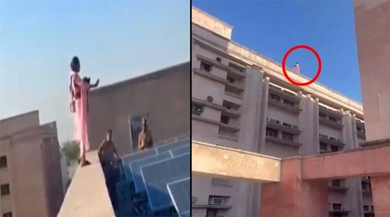 लखनऊ-हाईकोर्ट की छत पर गोद में बच्चा लेकर चढ़ी महिला