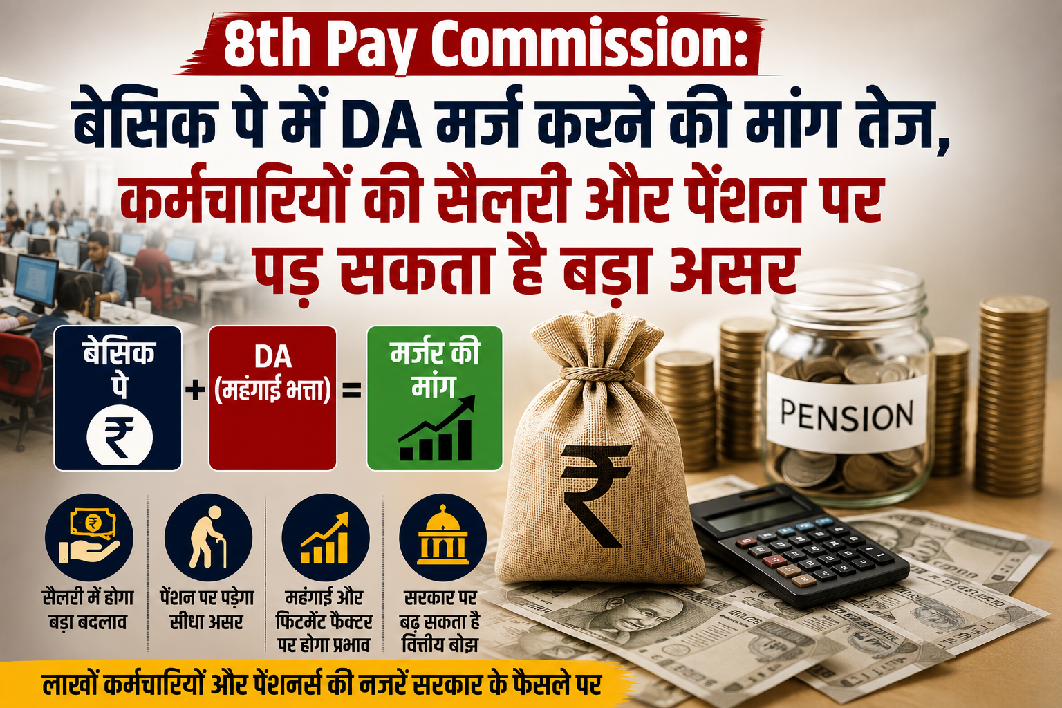 बेसिक पे में DA मर्ज करने की मांग तेज, कर्मचारियों की सैलरी और पेंशन पर पड़ सकता है बड़ा असर