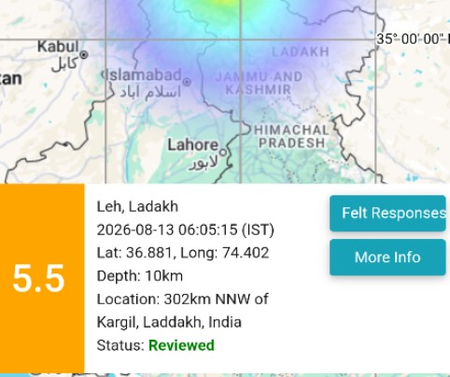 लेह में 5.5 तीव्रता का तेज भूकंप आया
