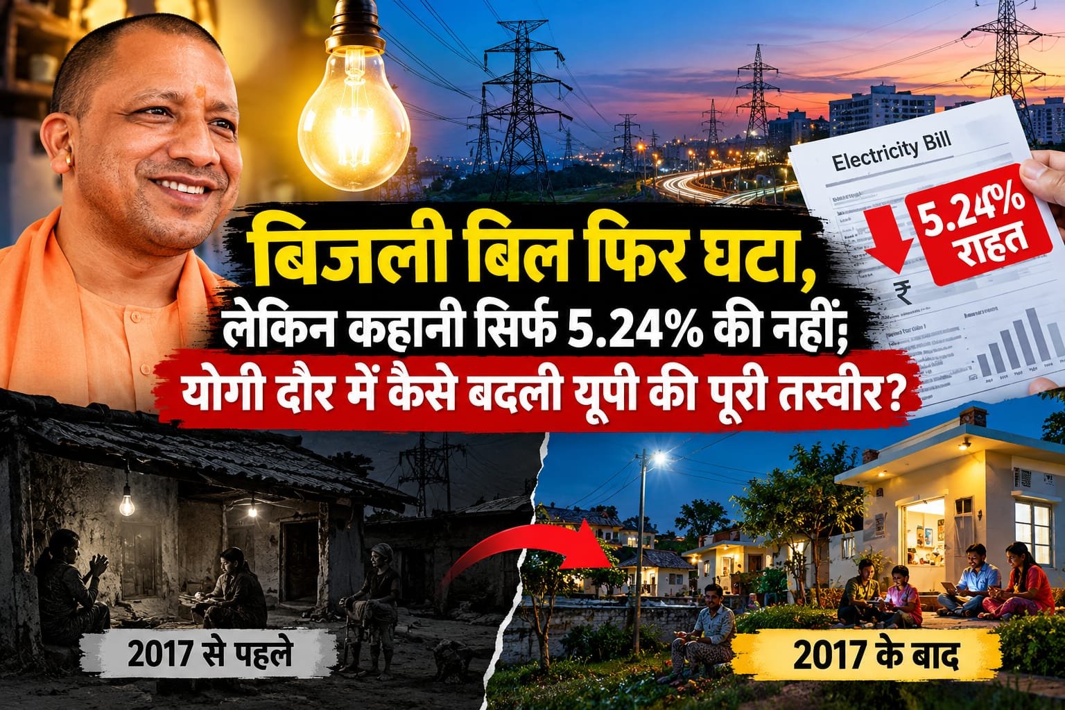 योगी आदित्यनाथ के साथ यूपी की बिजली व्यवस्था, 5.24 प्रतिशत बिल राहत और 2017 से पहले व बाद की बिजली तस्वीर
