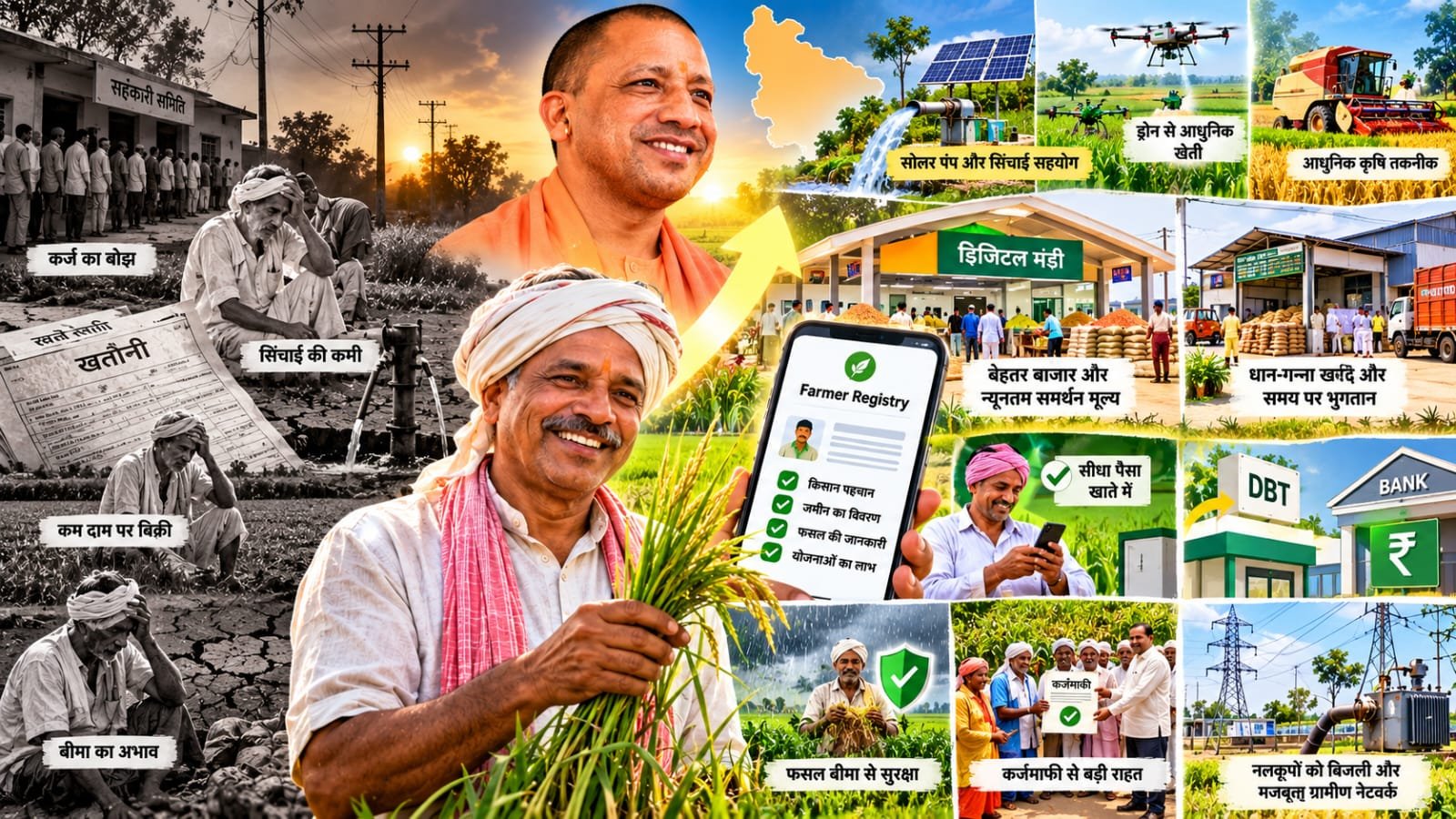 यूपी किसान की कृषि यात्रा, सिंचाई, सोलर पंप, डिजिटल मंडी, DBT, फसल बीमा, कर्ज राहत और Farmer Registry