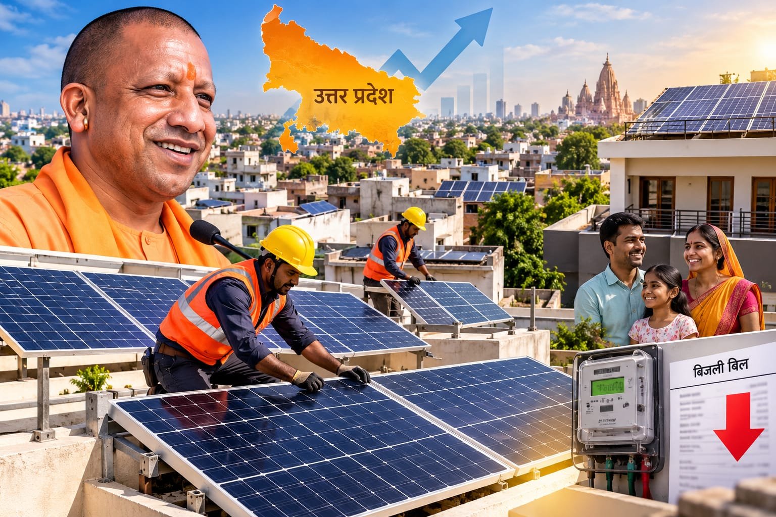 यूपी में रूफटॉप सोलर विस्तार, घरों की छतों पर सोलर पैनल और सौर ऊर्जा से बिजली बचत की AI तस्वीर