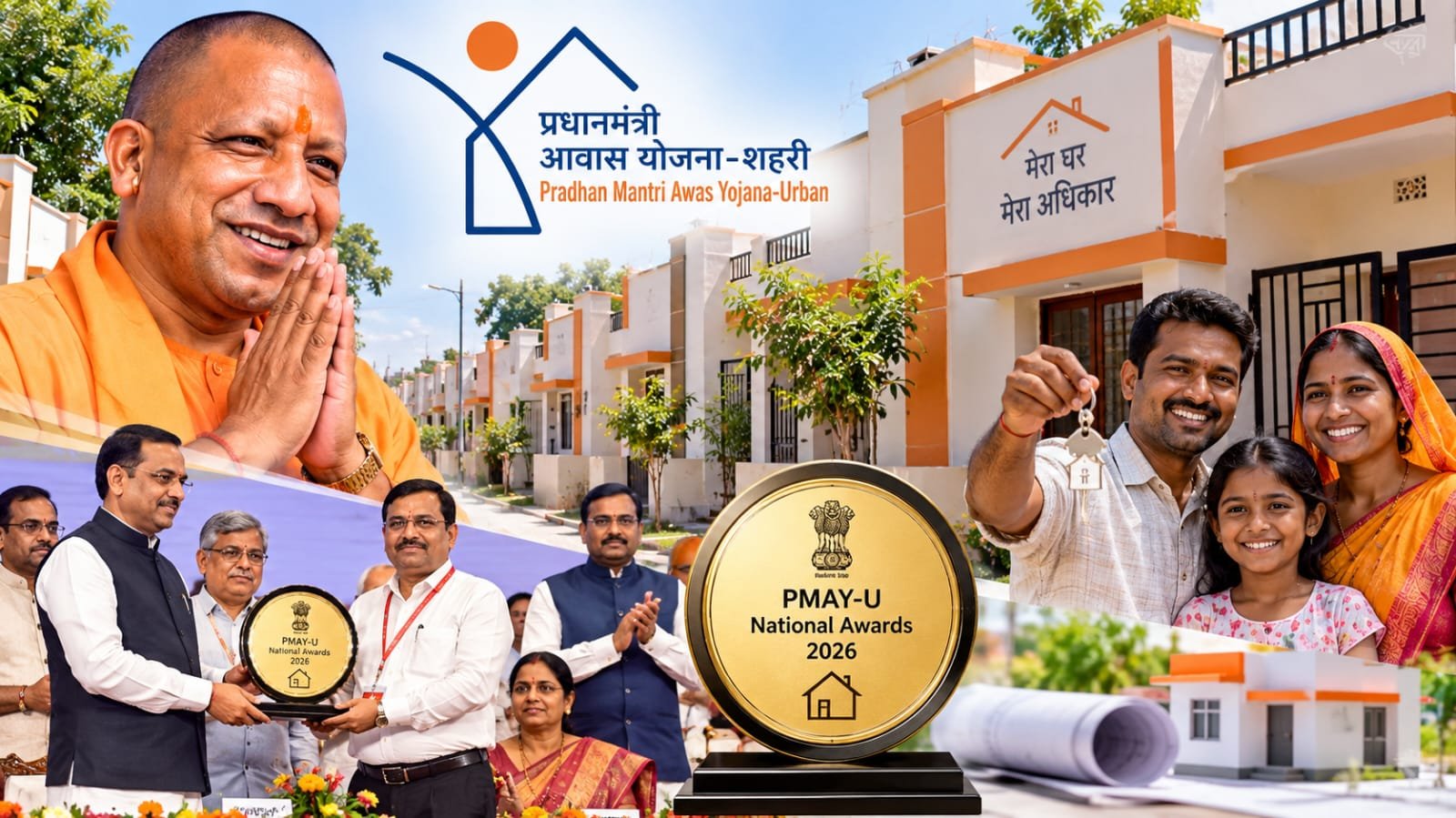 प्रधानमंत्री आवास योजना-शहरी के तहत उत्तर प्रदेश को मिले राष्ट्रीय पुरस्कार और शहरी आवास निर्माण की AI तस्वीर।